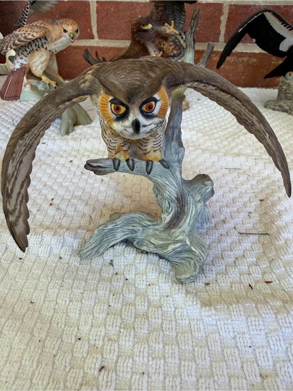 Franklin Mint Brown, Orange and White Great Horned Owl Figurine in Flight